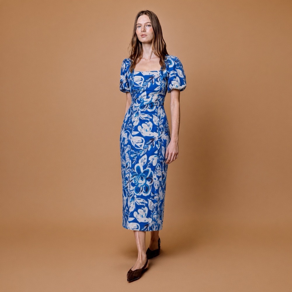 Cleobella Zora Midi Dress Azure Floral Blue White Puff Sleeve Small Smocked Boho